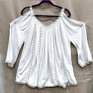 Baci V-Neck Cold Shoulder White Tunic Blouse Made in Italy Size Lg